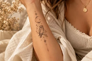 owl and crescent moon tattoo ideas with stars and fine line details