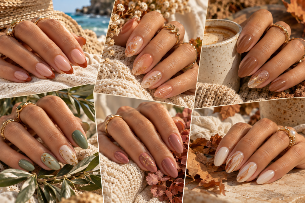Late summer to early fall nail ideas featuring terracotta caramel sage and nude manicures