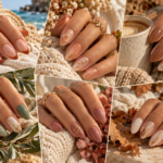 Late summer to early fall nail ideas featuring terracotta caramel sage and nude manicures