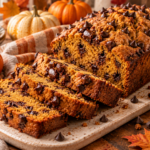 Moist pumpkin chocolate chip bread loaf sliced and served with chocolate chips and autumn decorations.