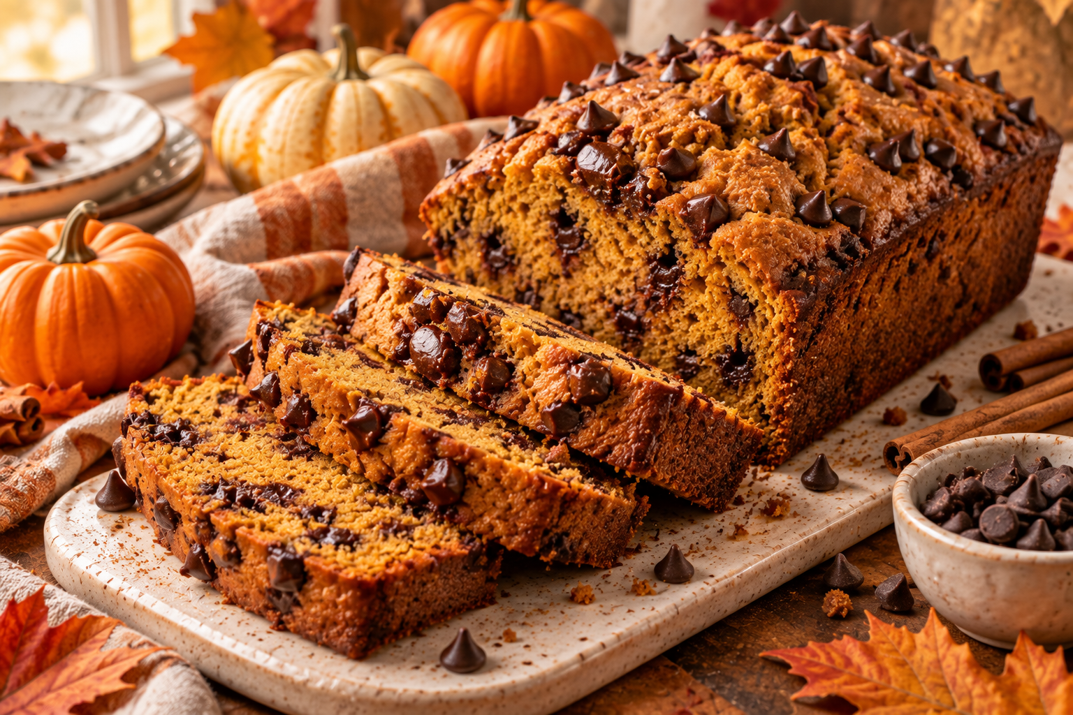 Moist pumpkin chocolate chip bread loaf sliced and served with chocolate chips and autumn decorations.