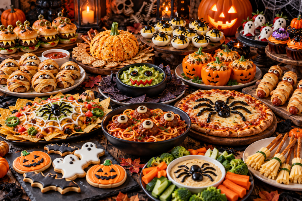 Spooky Halloween party food spread with mummy meatballs, pizza, sliders, cupcakes, cookies, and appetizers