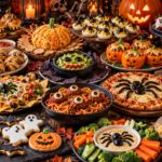 Spooky Halloween party food spread with mummy meatballs, pizza, sliders, cupcakes, cookies, and appetizers