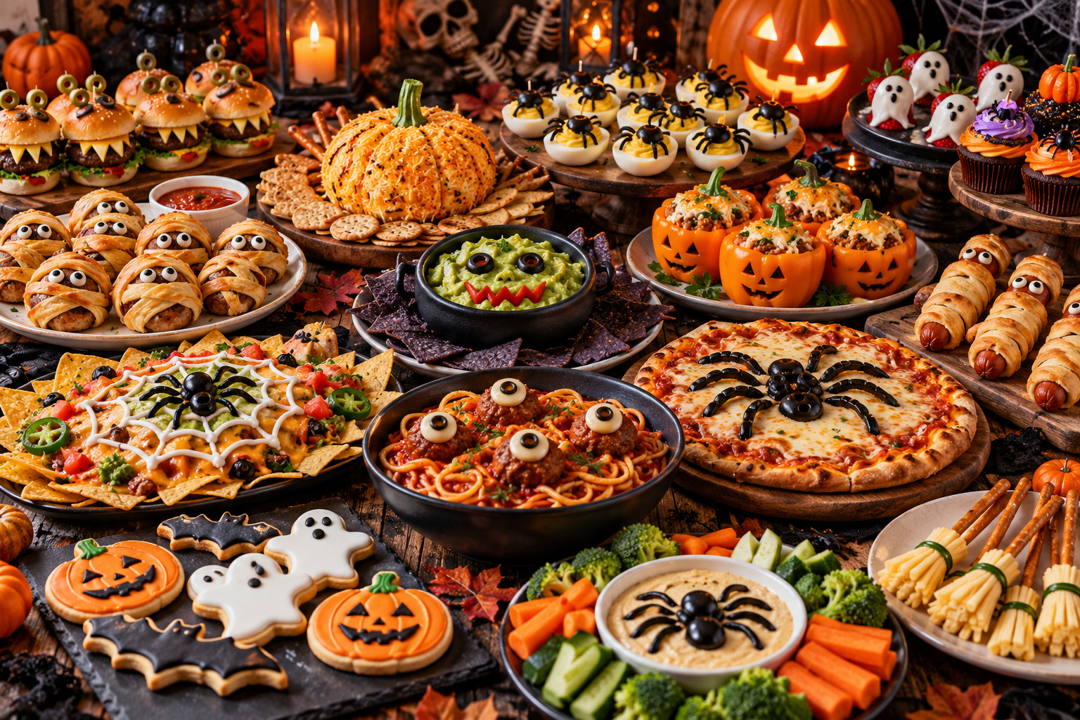 Spooky Halloween party food spread with mummy meatballs, pizza, sliders, cupcakes, cookies, and appetizers