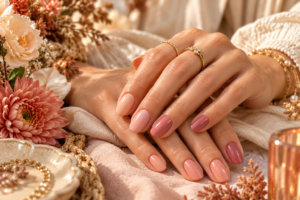 Peachy nude and dusty rose manicure for late summer and early fall