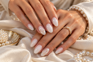 Milky white manicure with subtle pearl accents for an elegant mature look