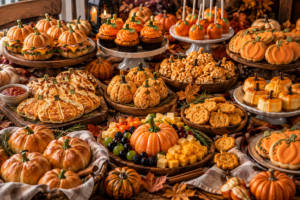 Halloween and Thanksgiving party spread with pumpkin-shaped sandwiches, rolls, cookies, cupcakes, and appetizers