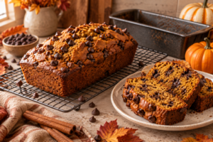 Freshly baked pumpkin chocolate chip bread cooling with a golden crust and melted chocolate chips.
