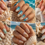 Ocean blue turquoise beach inspired summer manicure on natural looking adult hands