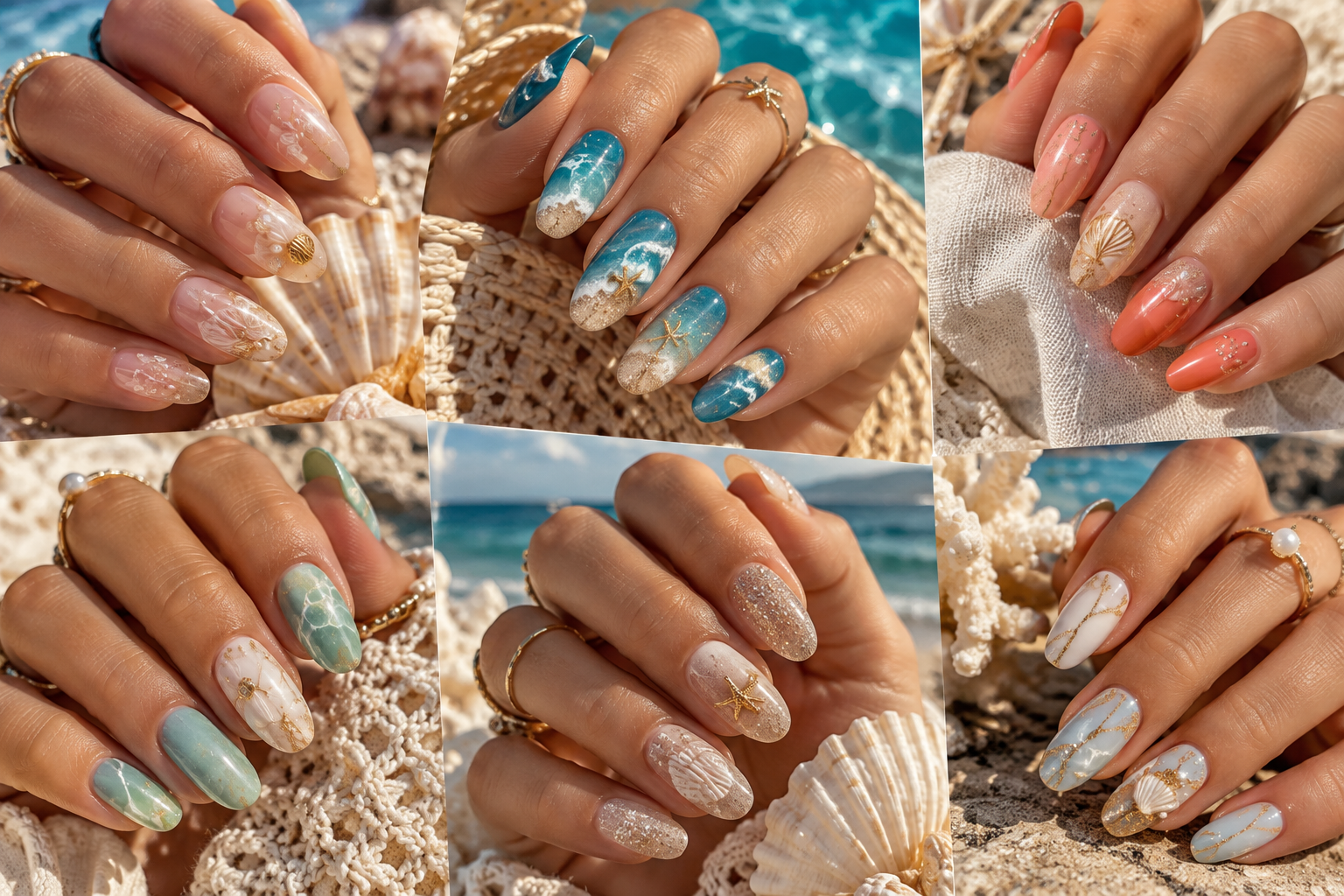 Ocean blue turquoise beach inspired summer manicure on natural looking adult hands