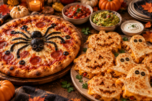 Halloween spider pizza with black olive spider and pumpkin-shaped quesadillas