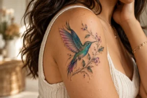 Colorful hummingbird tattoo with blue purple and teal details