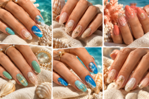 Colorful tropical sunset nails with coral pink orange and yellow summer shades