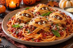 Mummy meatballs served over spaghetti with tomato marinara sauce