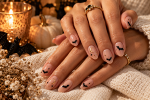 Black bat silhouette nail art on nude nails for Halloween