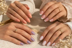 soft peach blush pink lavender and milky white late summer nail colors