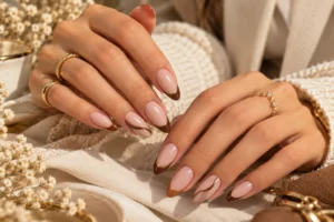 caramel chocolate brown and cream French tip nails for September