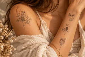 fine line minimalist owl tattoo ideas with delicate feather details