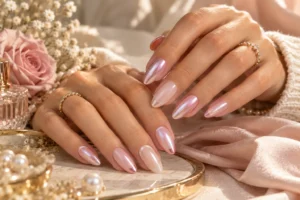 pink chrome pearl and glazed pink nail designs