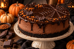 Rich chocolate Halloween cheesecake with dark ganache, spiderweb decoration, and chocolate bats
