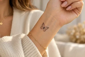 Minimalist fine-line butterfly tattoo on a woman's wrist