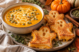 Creamy pumpkin soup with a spiderweb design served with ghost-shaped grilled cheese