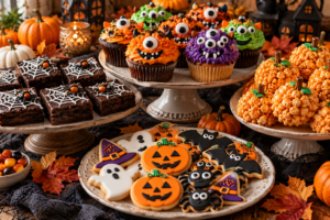 Halloween monster cupcakes, spiderweb brownies, pumpkin cookies, and popcorn balls