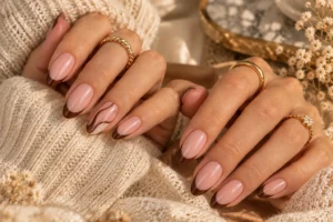 blush pink and chocolate brown transitional nail ideas