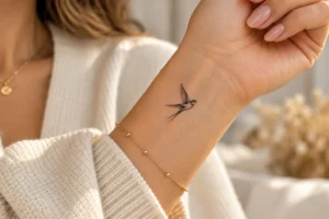 Minimalist fine line bird tattoo on a woman's wrist