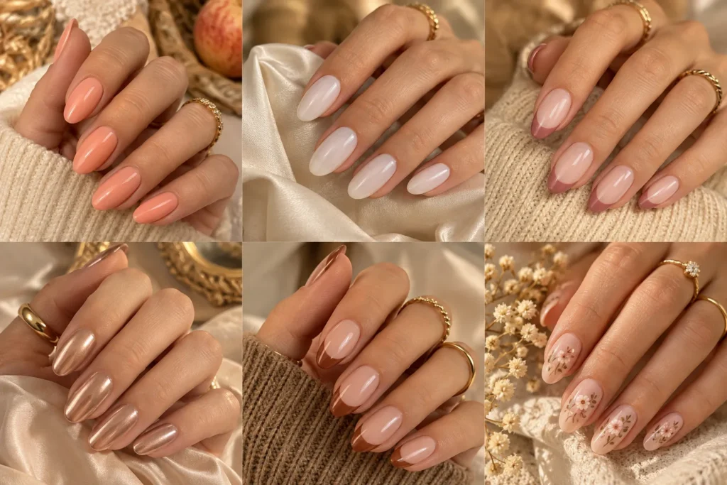 27 end of August nail ideas featuring peach pink neutral caramel and early fall manicure designs