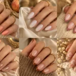 27 end of August nail ideas featuring peach pink neutral caramel and early fall manicure designs