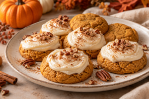 Soft pumpkin cookies topped with creamy cream cheese frosting