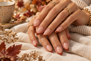 Terracotta French tip nails with a nude base for late summer and early fall