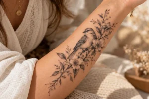 Delicate bird and flower tattoo design on a woman's forearm