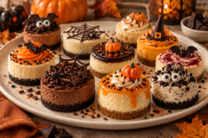 Individual mini Halloween cheesecakes decorated with chocolate webs, candy eyes, and fall sprinkles