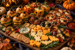 Savory Halloween dinner board with sliders, meatballs, cheese, vegetables, and dipping sauces