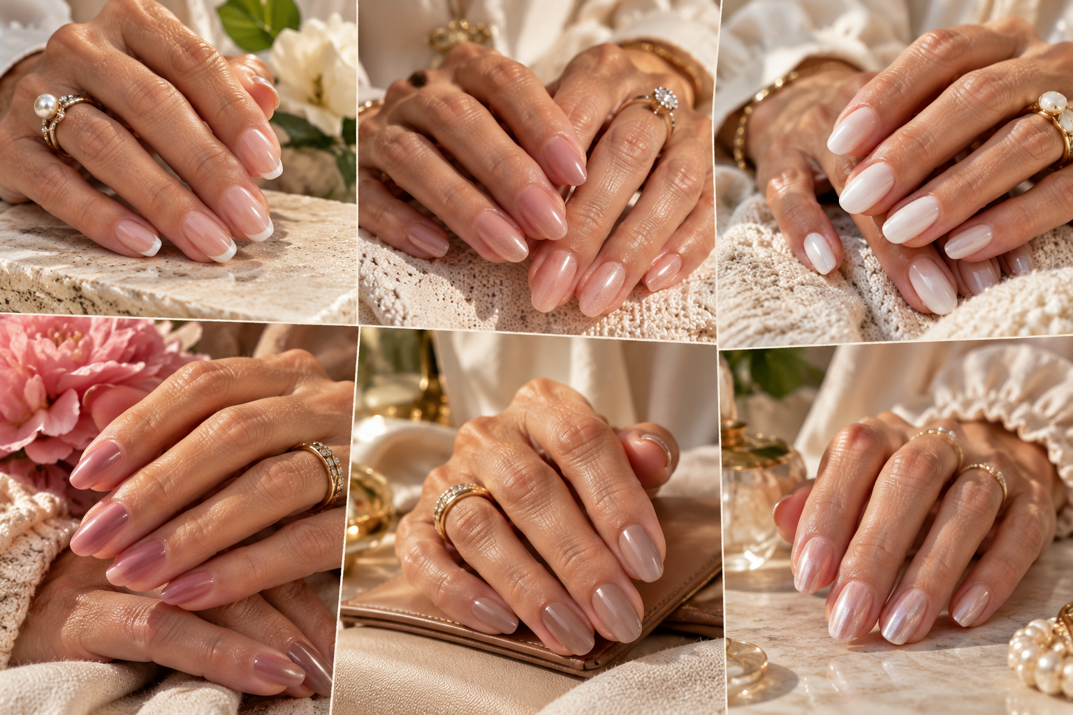 Elegant manicure ideas for women over 50 featuring nude pink French and neutral nails