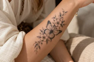Delicate butterfly and flower tattoo design on a woman's arm