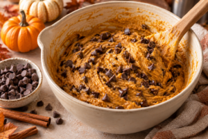 Chocolate chips being folded into golden pumpkin bread batter before baking.