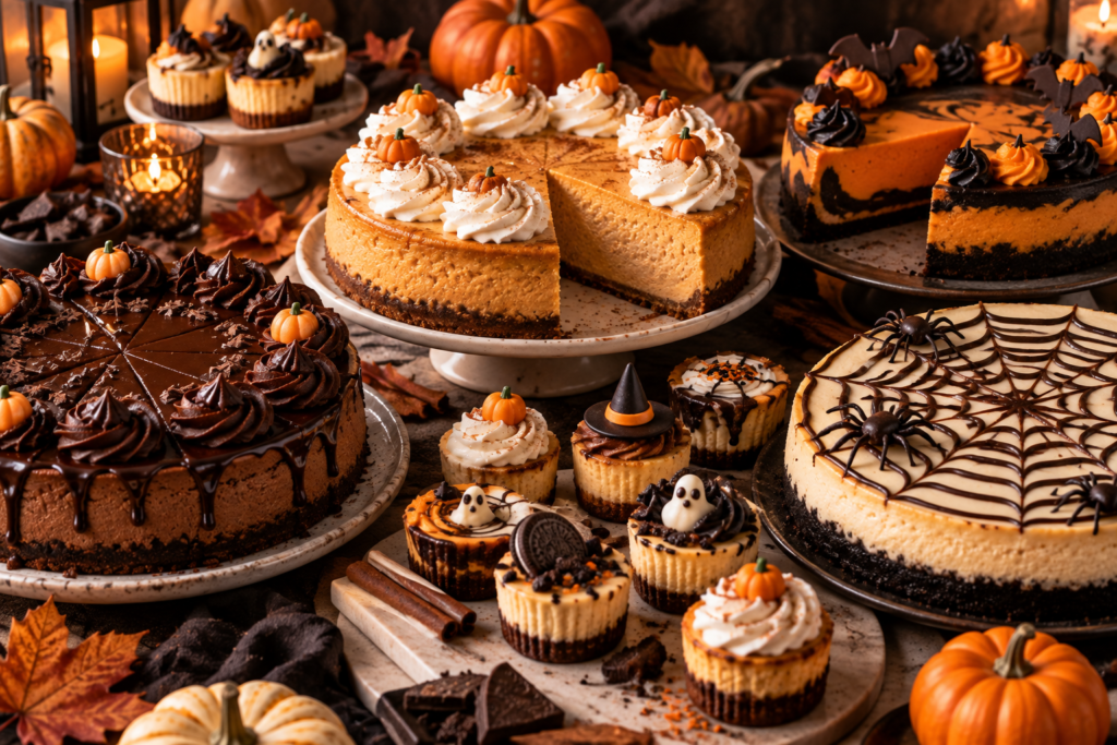 Assortment of homemade Halloween cheesecakes with chocolate, pumpkin, orange, and spooky decorations