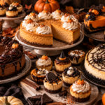 Assortment of homemade Halloween cheesecakes with chocolate, pumpkin, orange, and spooky decorations