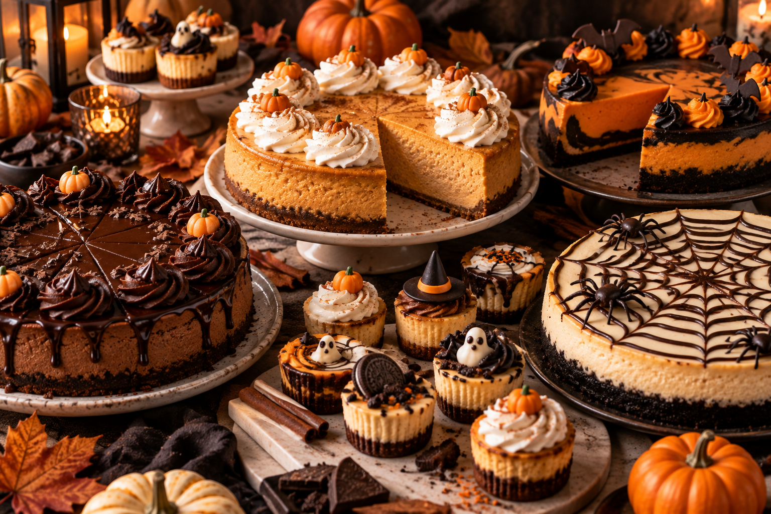 Assortment of homemade Halloween cheesecakes with chocolate, pumpkin, orange, and spooky decorations