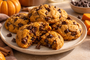 Soft pumpkin chocolate chip cookies with melted semi-sweet chocolate