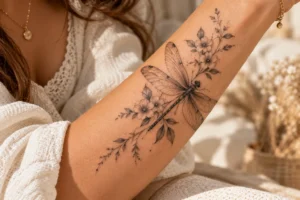 detailed fine line dragonfly tattoo with delicate wing patterns