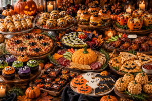 Complete Halloween party food table with spooky appetizers, pizza, mummy foods, desserts, and party snacks