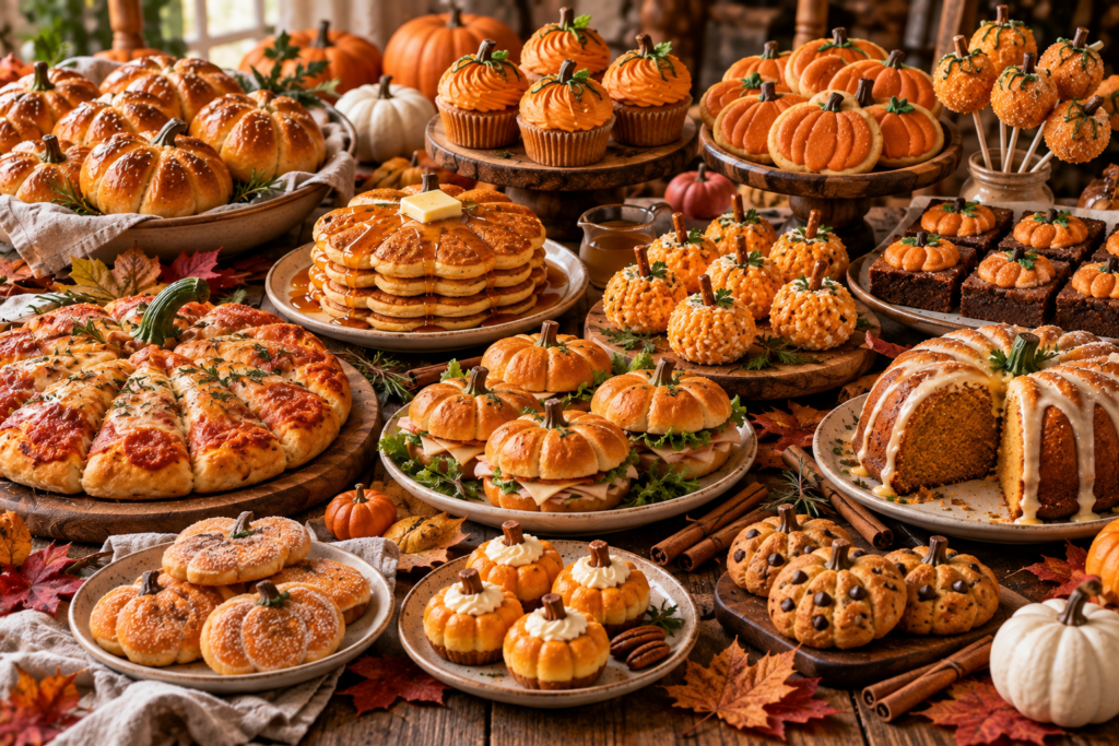 Collection of cute pumpkin-shaped foods including rolls, cookies, pizza, cupcakes, and desserts