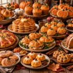 Collection of cute pumpkin-shaped foods including rolls, cookies, pizza, cupcakes, and desserts