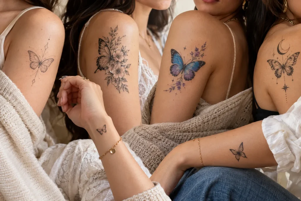 Delicate butterfly tattoo ideas for women featuring fine line floral and colorful designs