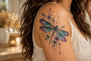 colorful blue purple and teal dragonfly tattoo on a woman's arm