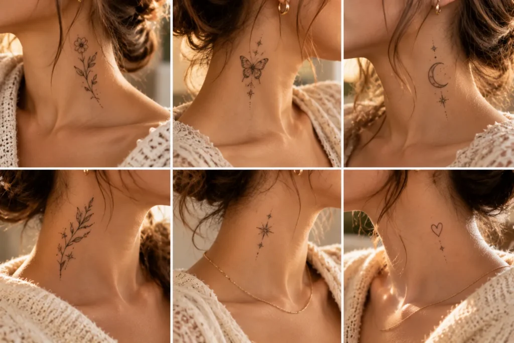 delicate neck tattoo ideas for women with flowers butterflies moons and fine line designs